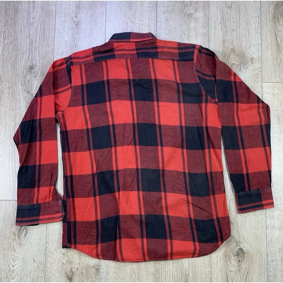 Campus Men's Large Long Sleeve Button Up Flannel Plaid Red Black Cotton‎ Flaws* - Picture 13 of 16